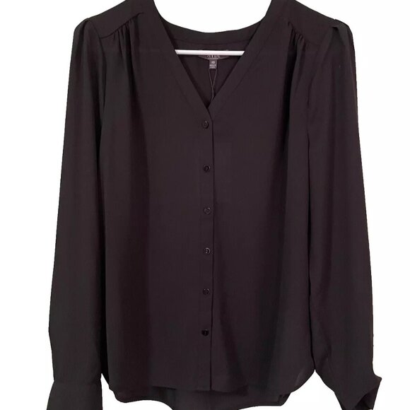 NYDJ Black Smocked Vneck Button Up Blouse, Size XS, NWT MSRP $99 - Picture 1 of 5